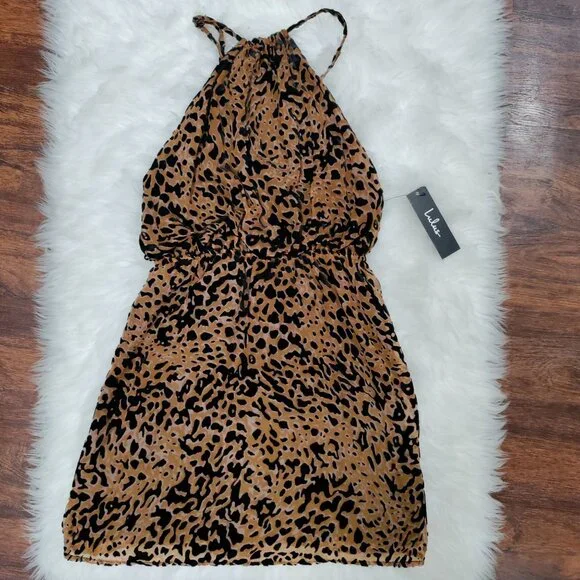Lulus Intention Brown Leopard Print Velvet Burnout Strappy Mini Dress S, NWT - Picture 2 of 13